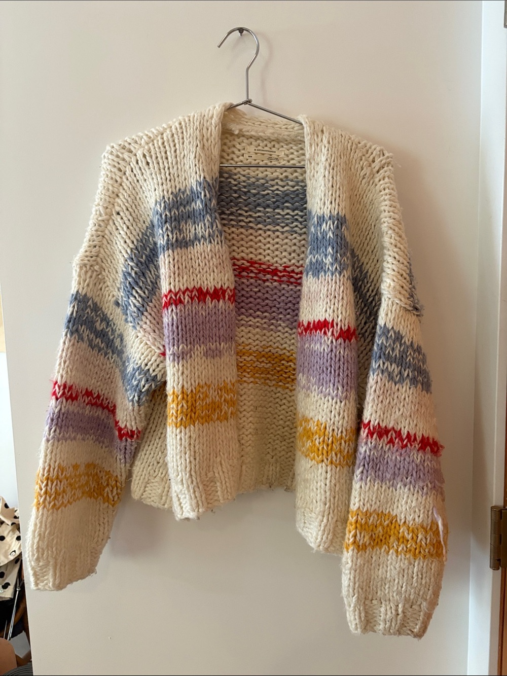 Anthropologie Cream Chunky Open-Front Cardigan with Multicolor Stripes
